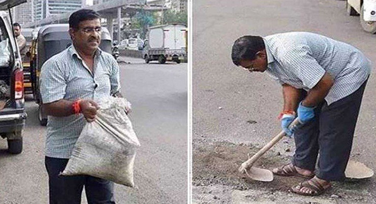 নিজ উদ্যোগে রাস্তার গর্ত ভরাট করেন তিনি