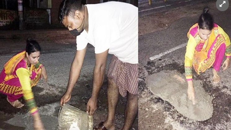 রাতের আঁধারে ভাঙা রাস্তা মেরামতে নারী, ভাসছেন প্রসংশায়