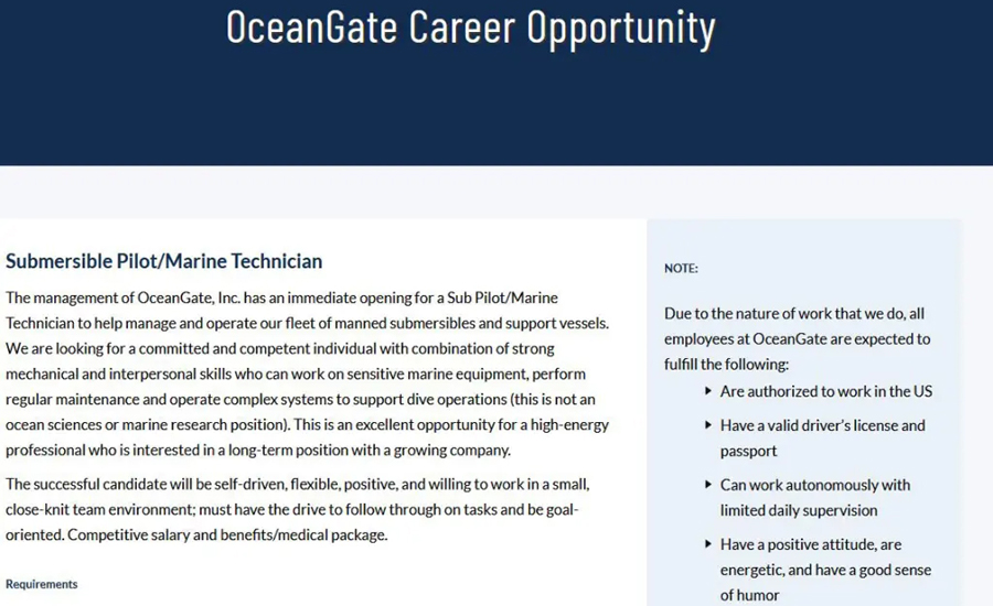 টাইটান দুর্ঘটনার পরই নতুন পাইলটের খোঁজে ওশানগেট, বিজ্ঞপ্তি প্রকাশ