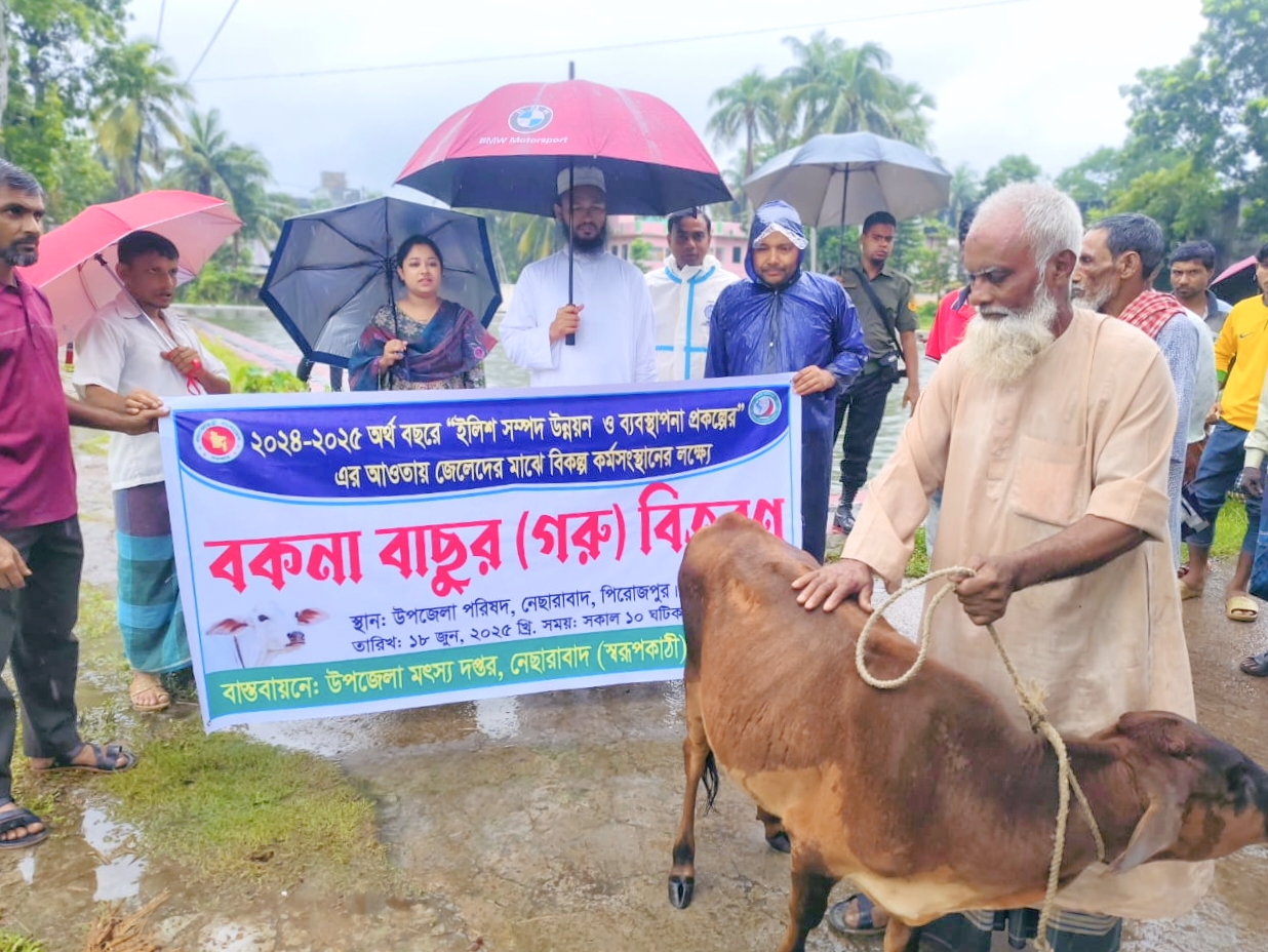 পিরোজপুরে জেলেদের মাঝে বকনা বিতরণ ও উন্মুক্ত জলাশয়ে পোনা মাছ অবমুক্তকরণ 