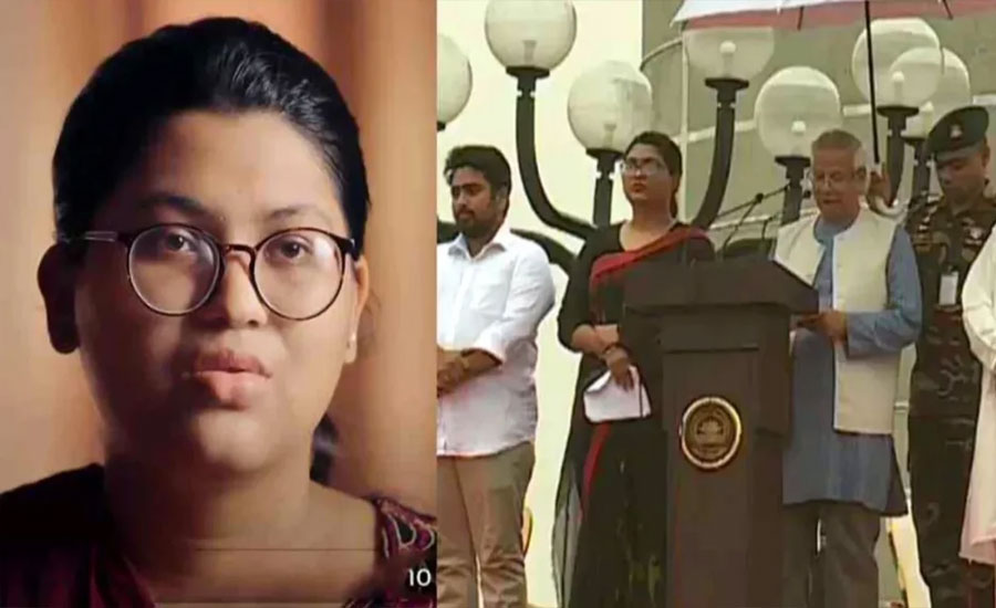 ‘জুলাই ঘোষণাপত্র’ পাঠের সময় ড. ইউনূসের পাশে থাকা কে এই তরুণী!