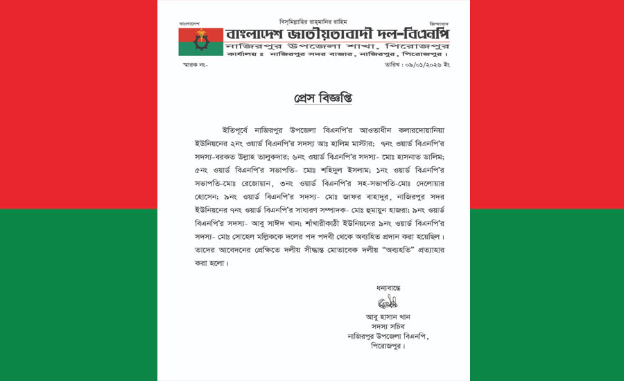 নাজিরপুরে বিএনপির ১০ নেতাকর্মীর অব্যাহতি প্রত্যাহার