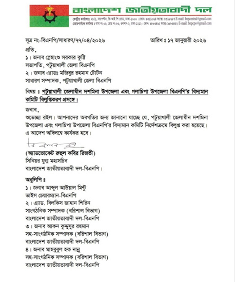 পটুয়াখালীতে নুরের আসনে বিএনপির কমিটি বিলুপ্ত