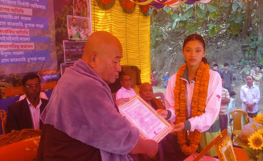 রাজস্থলীতে চুশাক পাড়ায় টেবিল টেনিসের কন্যাকে উষ্ণ সংবর্ধনা