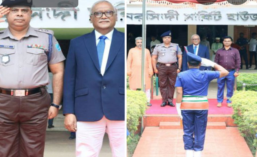 নরসিংদীতে বিচারপতি ফরিদ আহমেদকে অভ্যর্থনা জানালেন পুলিশ সুপার