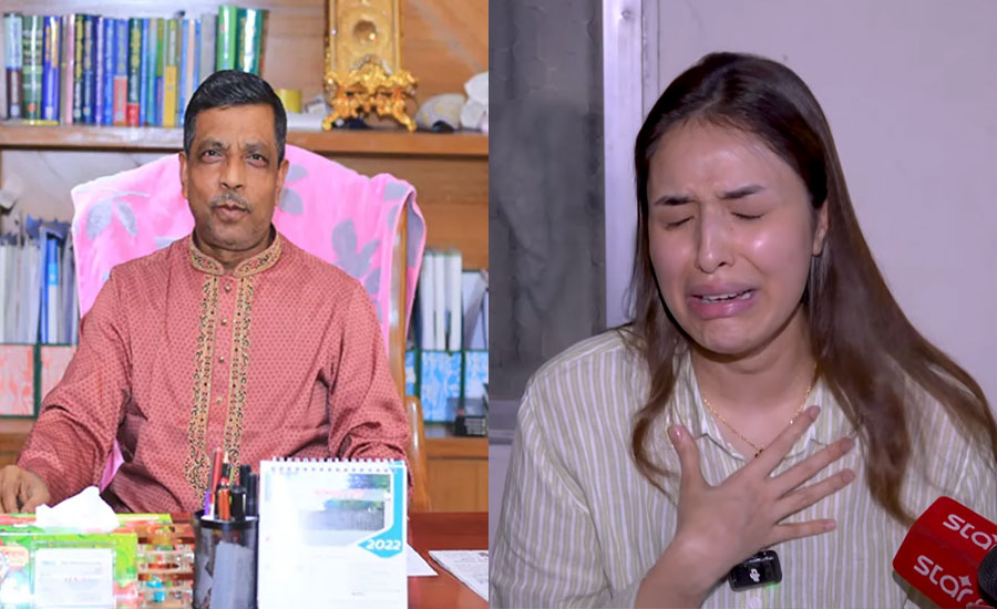 ভুক্তভোগী অভিনেত্রী স্নিগ্ধা চৌধুরী (ডানে) ও আশিয়ান গ্রুপ ও আশিয়ান ল্যান্ডস ডেভেলপমেন্ট লিমিটেডের চেয়ারম্যান মো. নজরুল ইসলাম ভূঁইয়া। ছবি: সংগৃহীত 