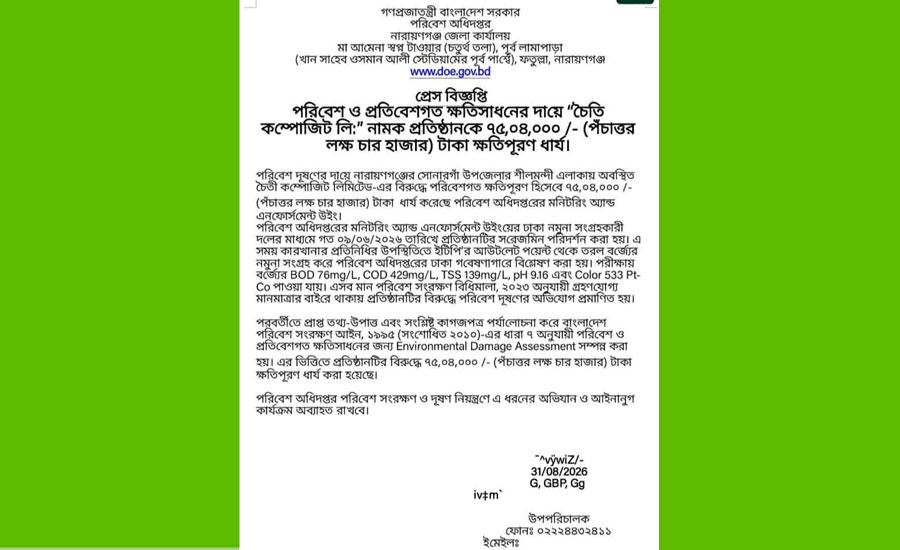 সোনারগাঁয়ে চৈতী কম্পোজিটকে ৭৫ লাখ টাকা জরিমানা