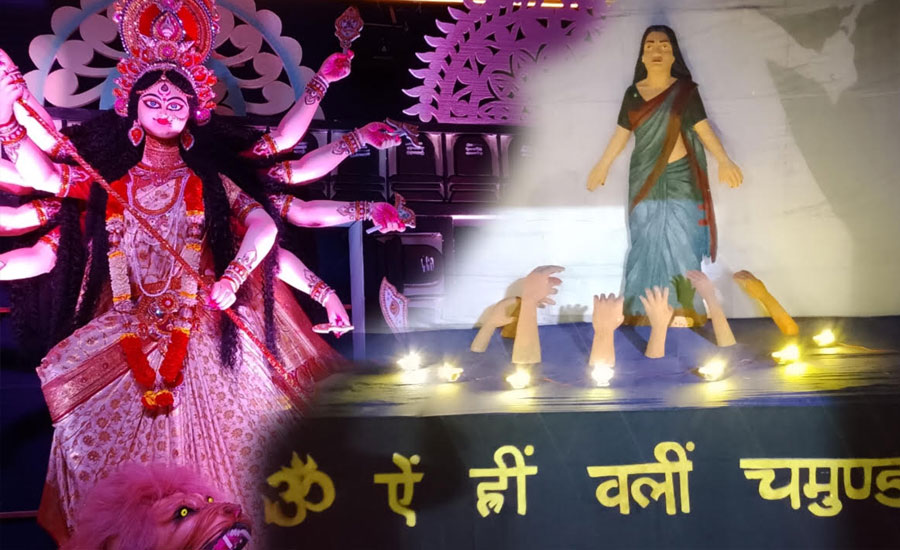 চাঁদপুরে পঞ্চমবারের মতো শ্রী শ্রী শিব মন্দিরে দুর্গোৎসব, মণ্ডপসজ্জায় নারী শক্তির বার্তা