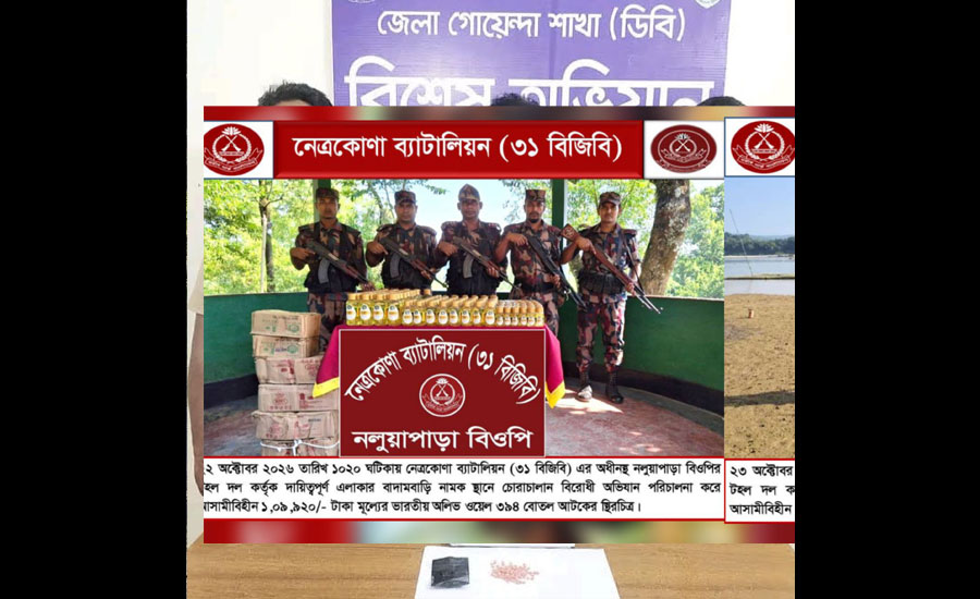 দুর্গাপুর সীমান্তে বিজিবির অভিযান, ভারতীয় অলিভ অয়েল ও বাঁশ আটক