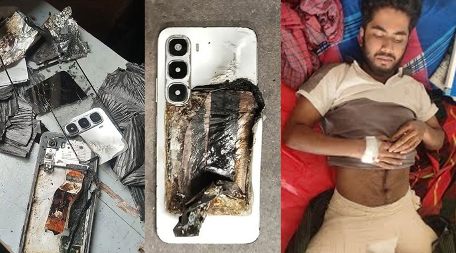 বামে: নারায়ণগঞ্জের হট ৬০আই মডেলের একটি ফোন, ডানে: ভোলার তানভীর হোসেন ইনফিনিক্স নোট ৫০ প্রো বিস্ফোরণে ঢাকা মেডিকেল কলেজ হাসপাতালে চিকিৎসাধীন ছিলেন।  