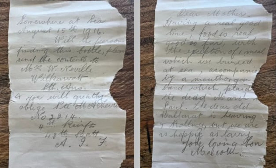 প্রথম বিশ্বযুদ্ধের সৈনিকের মাকে লেখা শেষ চিঠি; ১০৯ বছর পর মিলল অস্ট্রেলিয়ার উপকূলে