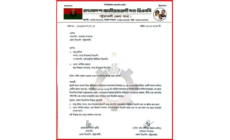 জুলাই হত্যা মামলা নিয়ে বাণিজ্য, বিএনপি নেতা বাবা-ছেলের দলীয় সাজা